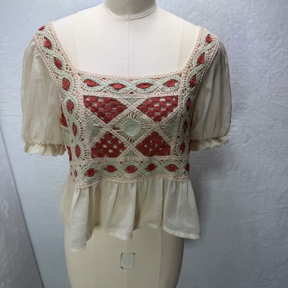 Shein Boho Crochet Peplum Top Cream Puff Sleeve Geometric Earth Tones Hippie